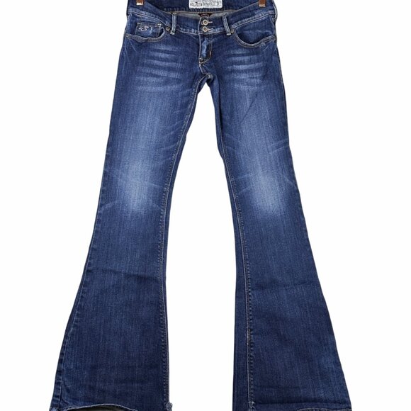 Y2K Hollister Low-Rise Flare Stretch Jeans Sz 3 Distressed Dark Wash Denim Boho - Picture 1 of 11